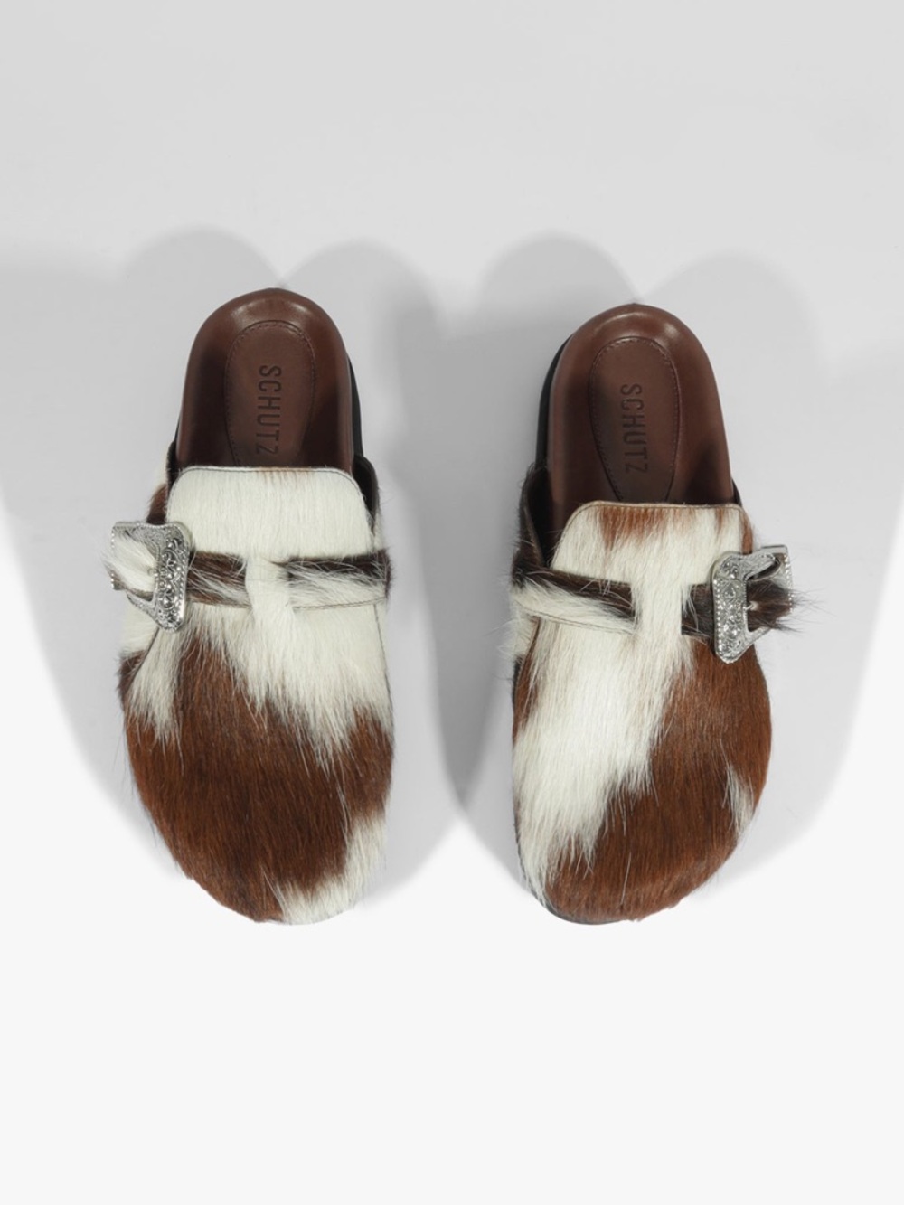SCHUTZ Brown & White Haircalf Buckle Slip-On Mules
